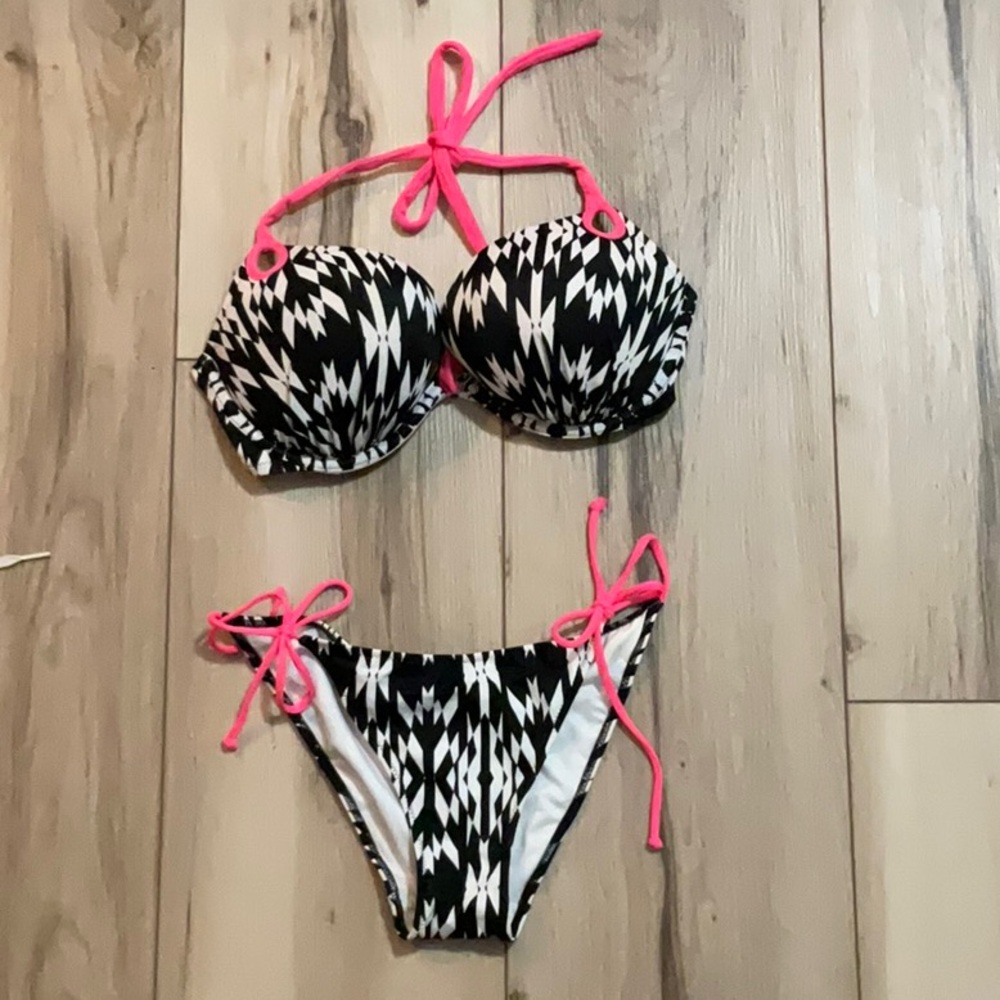 Victoria Secret Black and  White Bikini with Pink Straps 34D top small bottoms
